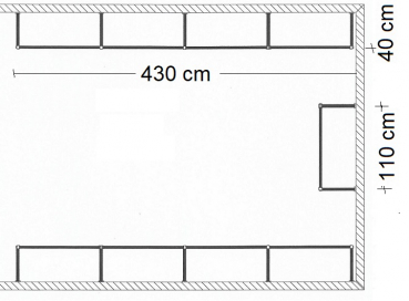 Ankleidezimmer Wandregalsystem Garderobensystem Ladeneinrichtung Grundriss Aufbau 430 cm und 110 cm Breit und 40 cm tief Etagen individuell einzustellen Wandbefestigung und Gummifüsse Stahlrohre verchromt Art Nr AnZi.4+4+1