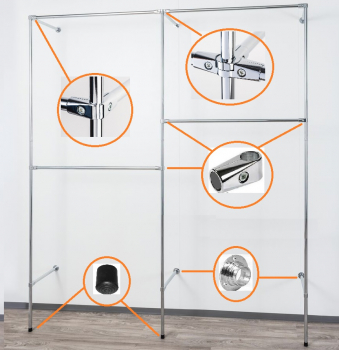 Ankleidezimmer Wandregalsystem begehbarer Kleiderschrank Aufbau Anleitung Skizze Zubehör Verbinder Füsse Wandanschluss Wandbefestigung Rundrohre Chrom Art Nr AnZi.2+2.0