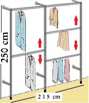 Wandregalsystem Garderobensystem 250 cm hoch und 215 cm breit Höhen individuell zu verschieben Wandbefestigung und Gummifüsse Stahlrohre verchromt Art Nr W02