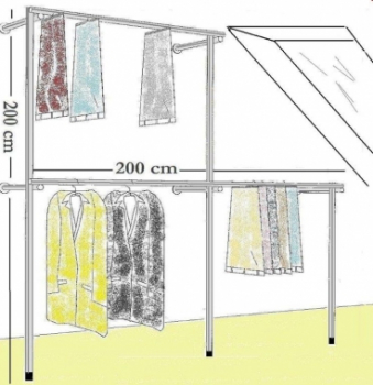 Wandregalsystem Garderobensystem eine Seite flach für Dachschrägen 200 cm hoch und 100 cm hoch Wandbefestigung und Gummifüsse Stahlrohre verchromt Art Nr W08