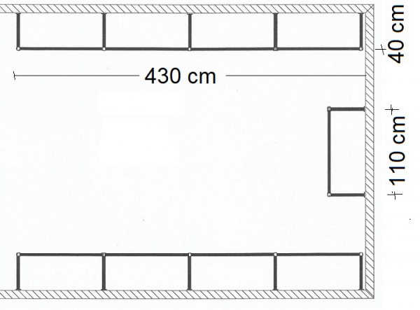 Ankleidezimmer Wandregalsystem Garderobensystem Ladeneinrichtung Grundriss Aufbau 430 cm und 110 cm Breit und 40 cm tief Etagen individuell einzustellen Wandbefestigung und Gummifüsse Stahlrohre verchromt Art Nr AnZi.4+4+1
