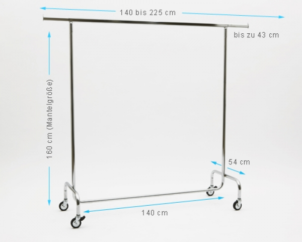 Kleiderständer 140cm Breit 160 cm Hoch mit 4 grossen 80 mm Rollen stabile Ausführung Rollständer Konfektionsständer Chrome Art Nr 13-140-80