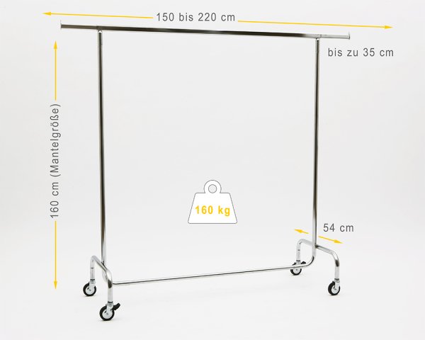 Kleiderständer 150 cm bis 220 cm Breit 160 cm Hoch mit 4 grossen 80 mm Rollen extra stabile Ausführung bis 160 kg Rollständer Konfektionsständer Chrome Art Nr 15-150-80