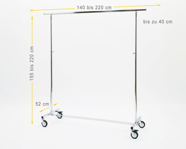 Kleiderständer Jumbo XXXL höhenverstellbar 140cm Breit 155 bis 220 cm Hoch ausziehbar mit 4 grossen 80 mm Rollen sehr stabile Ausführung Rollständer Konfektionsständer Chrome Art Nr 56-140-80