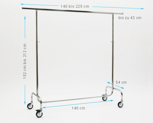 Kleiderständer höhenverstellbar 140cm Breit 152 bis 212 cm Hoch mit 4 grossen 80 mm Rollen Rollständer Konfektionsständer Garderobe Chrome Art Nr 14-140-80