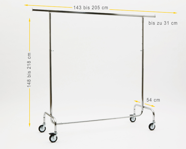 Kleiderständer höhenverstellbar 143cm Breit 148 bis 218 cm Hoch ausziehbar mit 4 grossen 80 mm Rollen stabile Ausführung 140 kg belastbar Rollständer Konfektionsständer Chrome Art Nr 17-140-80