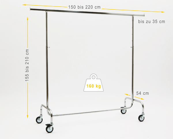 Kleiderstöänder höhenverstellbar 150cm Breit bis 220 cm hoch ausziehbar mit 4 grossen 80 mm Rollen extra stabile Ausführung 160 kg Chrome Art Nr 16-150-80