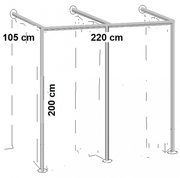 Umkleidekabine 2er Ankleidekabine Breite 220x105 cm und 200 cm hoch Wandbefestigung und Gummifüsse Stahlrohre verchromt Art Nr U2