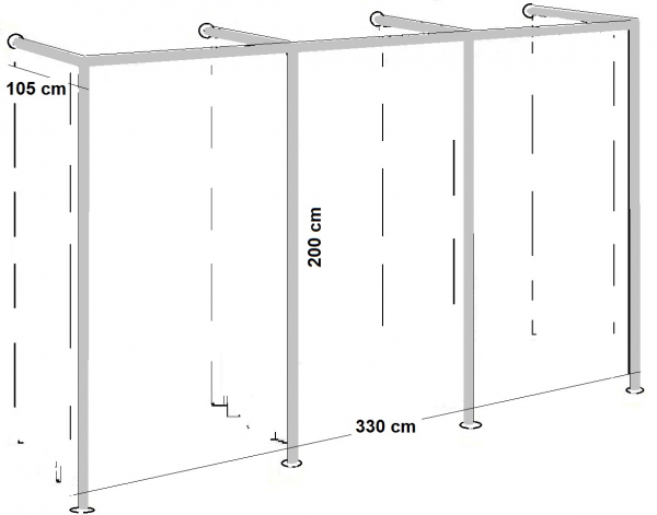 Umkleidekabine 3er Ankleidekabine Breite 330x105 cm und 200 cm hoch Wandbefestigung und Gummifüsse Stahlrohre verchromt Art Nr U3