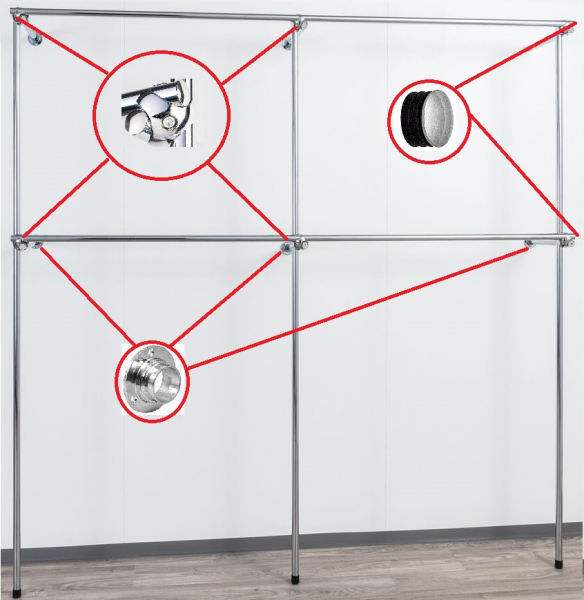 Wandregalsystem Garderobensystem 200x200 cm breit und 35 cm tief Zubehör Endkappen Gummifüsse Wandanschluss mit Knotenverbindung Wandbefestigung Rundrohre verchromt Art Nr W09