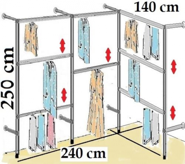 Wandregalsystem Garderobensystem 250 cm hoch und 240x140 cm breit Höhen individuell zu verschieben Wandbefestigung und Gummifüsse Stahlrohre verchromt Art Nr W04Eck