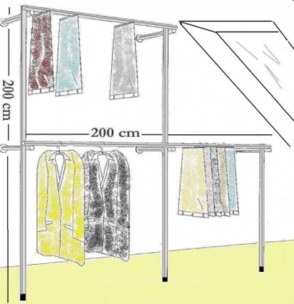 Wandregalsystem Garderobensystem eine Seite flach für Dachschrägen 200 cm hoch und 100 cm hoch Wandbefestigung und Gummifüsse Stahlrohre verchromt Art Nr W08