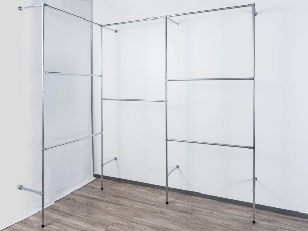 Wandregalsystem Garderobensystem Kleiderkammer Kleiderstangen 250 cm hoch und 40 cm tief Ecklösung zu verschieben Wandbefestigung und Gummifüsse Stahlrohre verchromt Art Nr W04Eck