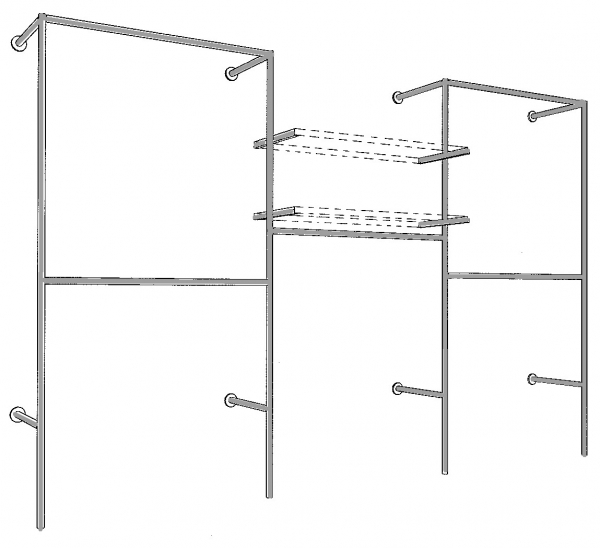 Wandregalsystem Garderobensystem begehbarer Kleiderschrank mit Regalbodenhalter 200 cm hoch und 330 cm breit Höhen variabel zu platzieren Wandbefestigung und Gummifüsse Stahlrohre verchromt Art Nr W15
