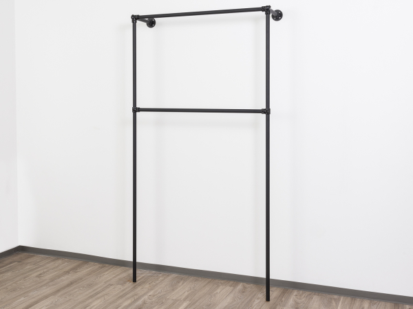 Wandregalsystem Schwarz Garderobensystem 205 cm hoch und 110 cm breit Wandbefestigung Verbinder und 27 mm Stahlrohre pulverbeschichtet Art Nr W10BK