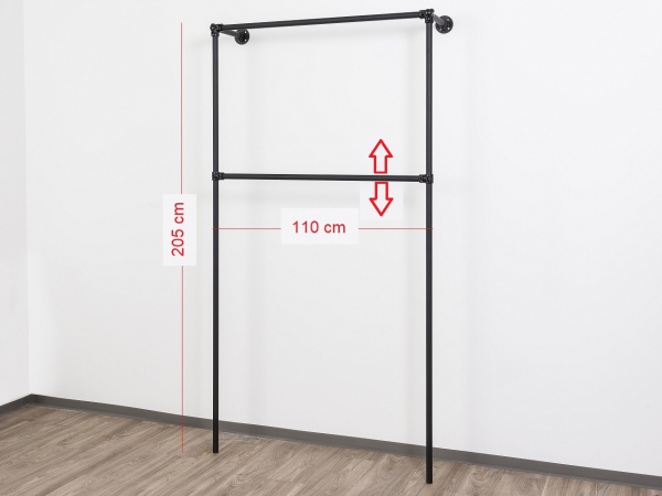 Wandregalsystem Schwarz Garderobensystem 205x110 cm breit und 35 cm tief Zubehör Endkappen Wandanschluss mit Eckverbindung Wandbefestigung Rundrohre pulverbeschichtet Art Nr W10BK